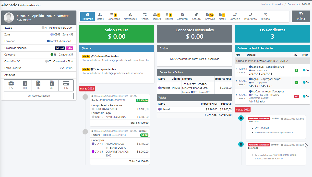 Ficha de abonado en ISPBoss con datos del cliente, servicios y estado de cuenta.