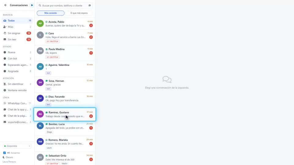La bandeja de conversaciones con el hilo y la ficha del abonado.