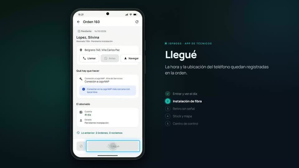 La app de técnicos durante una instalación de fibra.