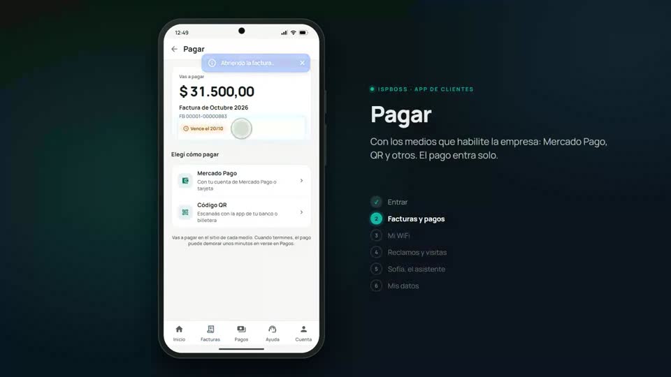 La app de clientes mostrando cómo pagar una factura.